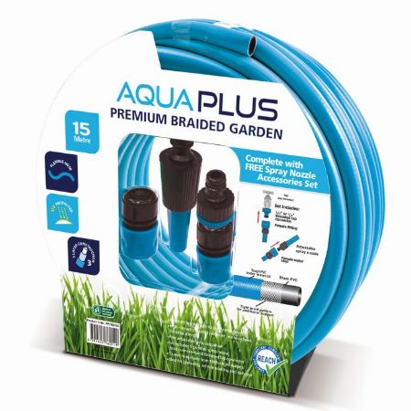 Picture of AquaPlus Premium Blue Braided Fitted Hose 15Mtr