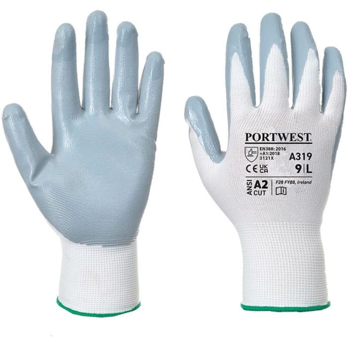 Picture of Portwest - Flexo Grip Nitrile Glove (Retail Pack) - Grey/White, Size: Large, A319GRWL